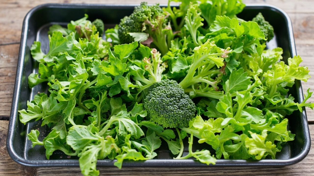 Dense tray of bright green broccoli microgreens growing indoors.