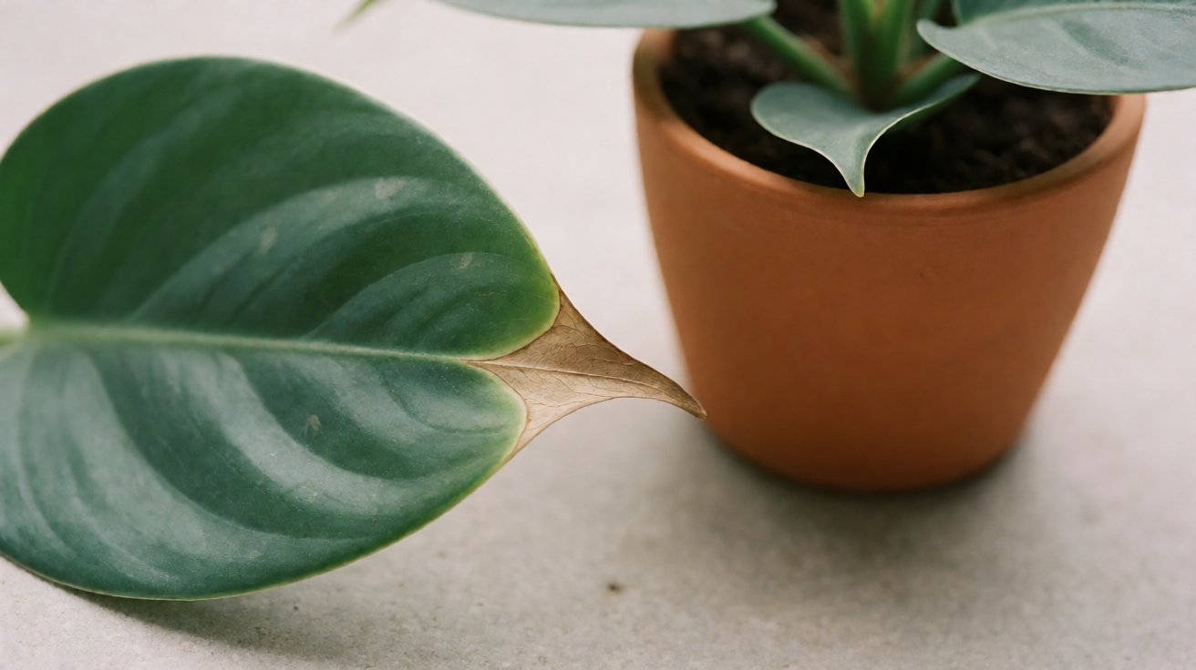 Brown leaf tip on a houseplant next to fresh green growth