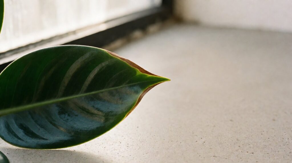 Close-up of a houseplant leaf tip with dry brown necrosis along the margin