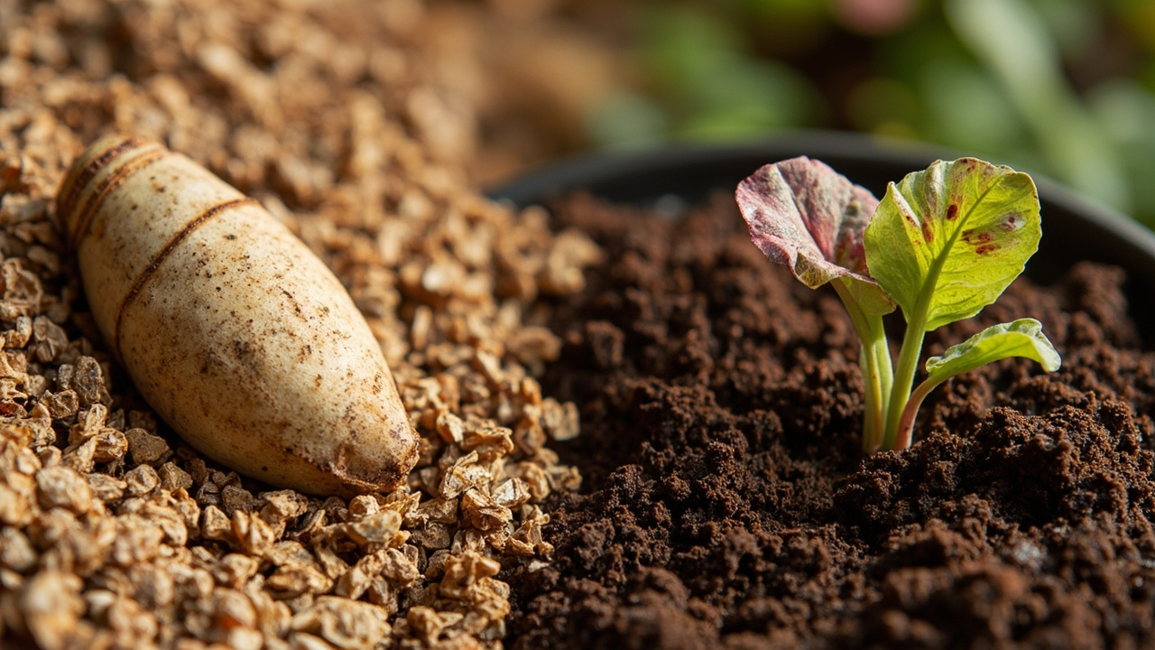 Dormant caladium tuber in dry vermiculite storage alongside a freshly sprouted caladium shoot emerging from warm potting mix in spring