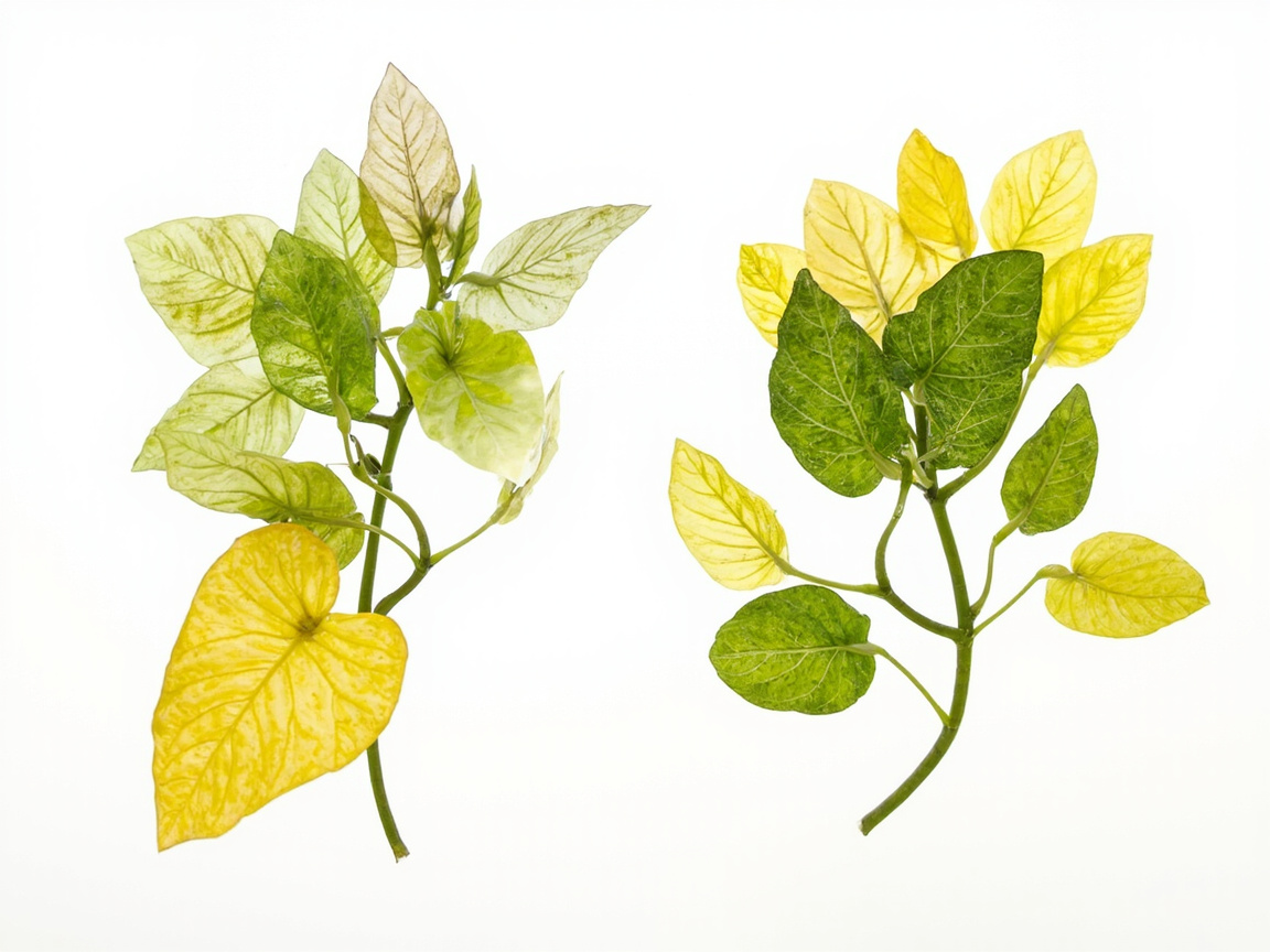 Side-by-side comparison showing normal caladium leaf yellowing bottom leaf only on the left and overwatering caladium multiple lower leaves on the right