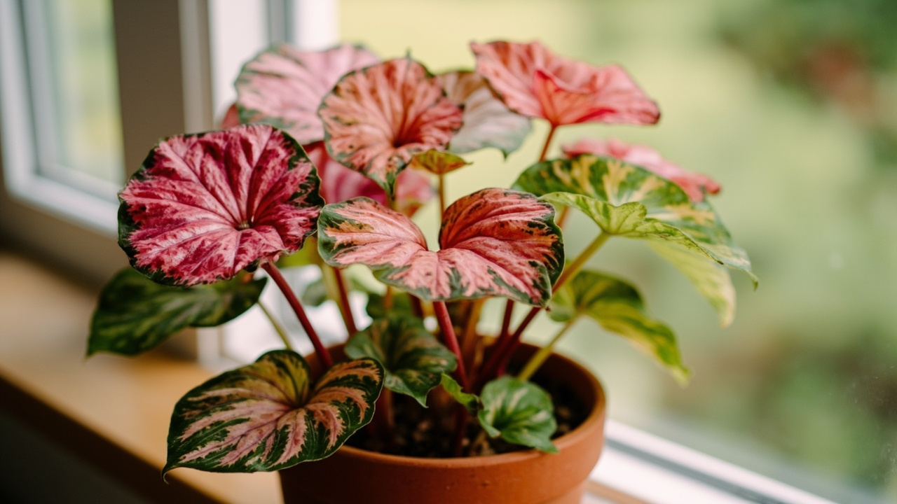 Pink and green Caladium leaves with prominent veining in a terracotta pot