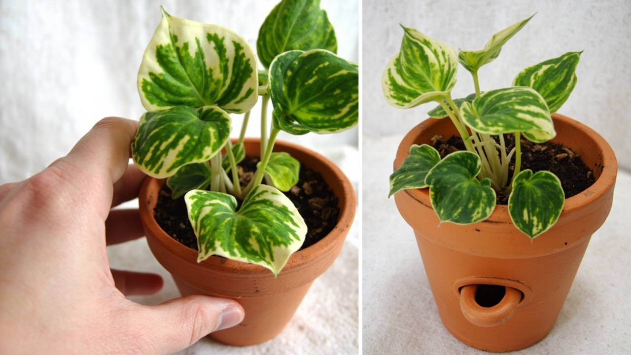 A narrow-spout watering can delivering water to the soil surface of a Caladium in a terracotta pot