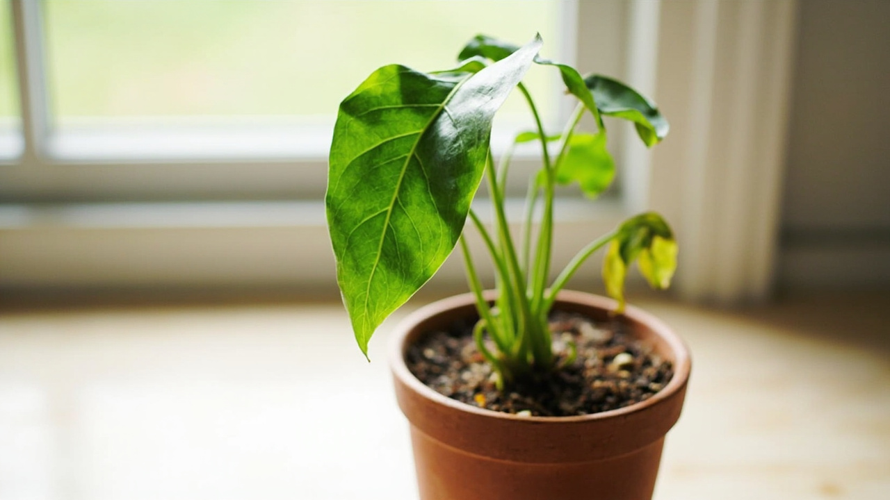 A calathea in a 6-inch terracotta pot with three leaves clearly drooping — soft petioles and hanging leaf blades — in soft north light, the drooping visible and unmistakable.
