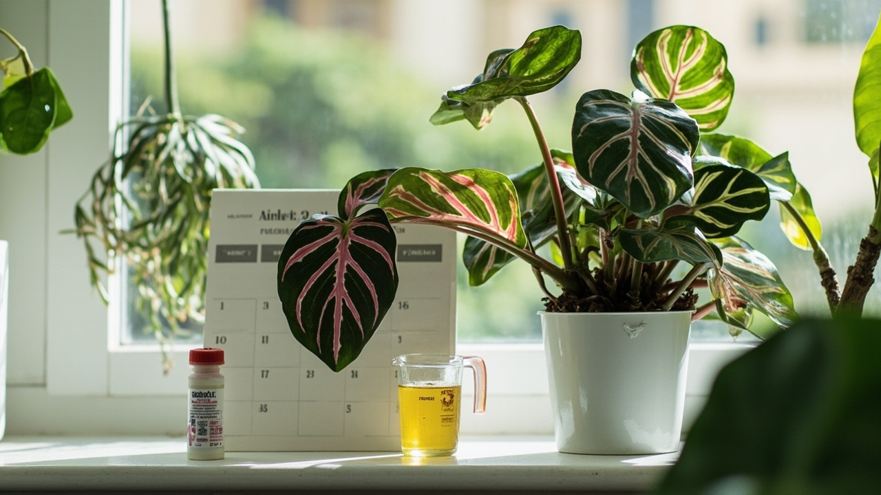 Calathea roseopicta with feather-pattern leaves beside a measuring cup of diluted liquid fertilizer, a watering can, and a blank calendar grid.