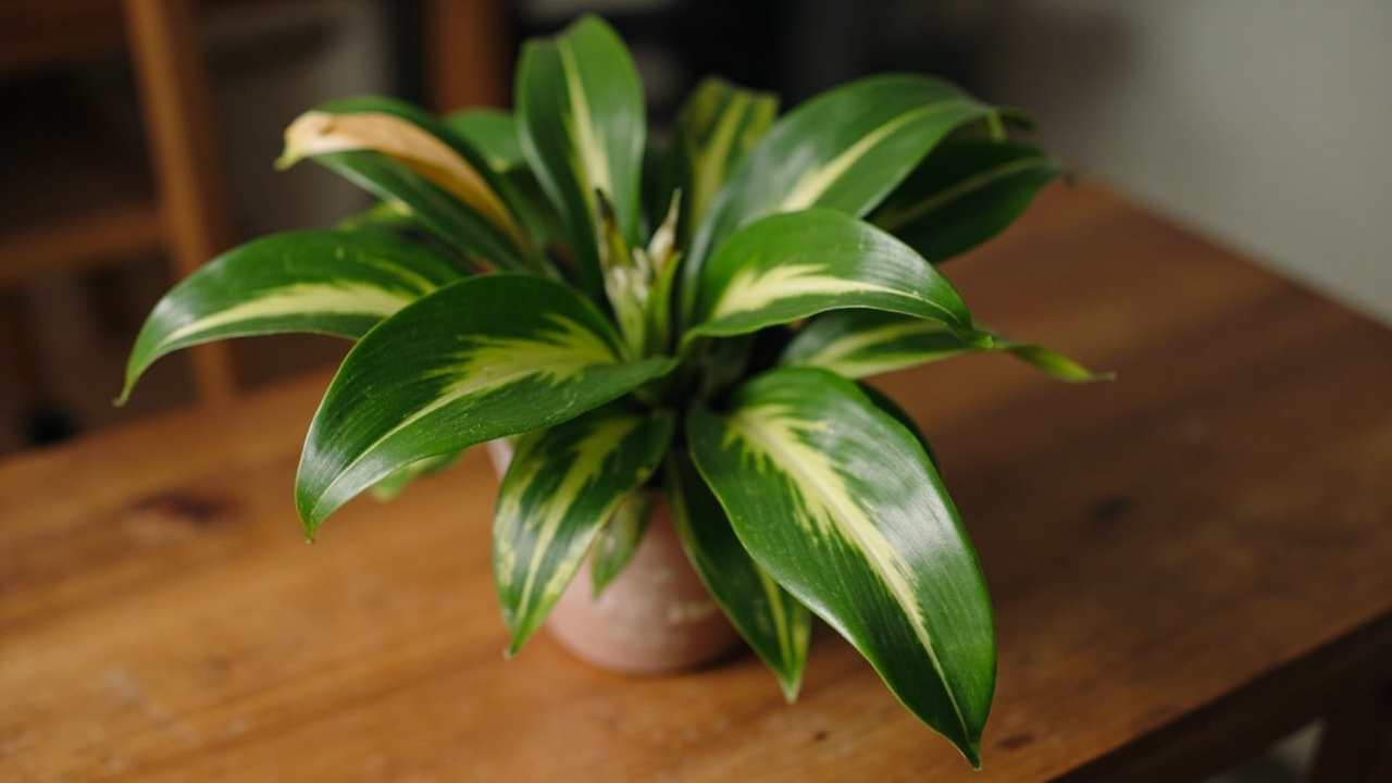 A calathea plant on a wooden surface photographed so that one leaf is yellowing, one shows a brown tip, and one is slightly curled — a visual index of the most common calathea problems in a single frame.