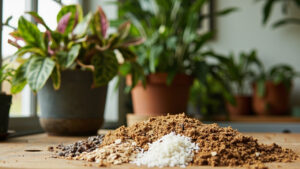 Calathea ornata with patterned leaves and a chunky potting mix of coco coir, perlite, orchid bark, and compost.