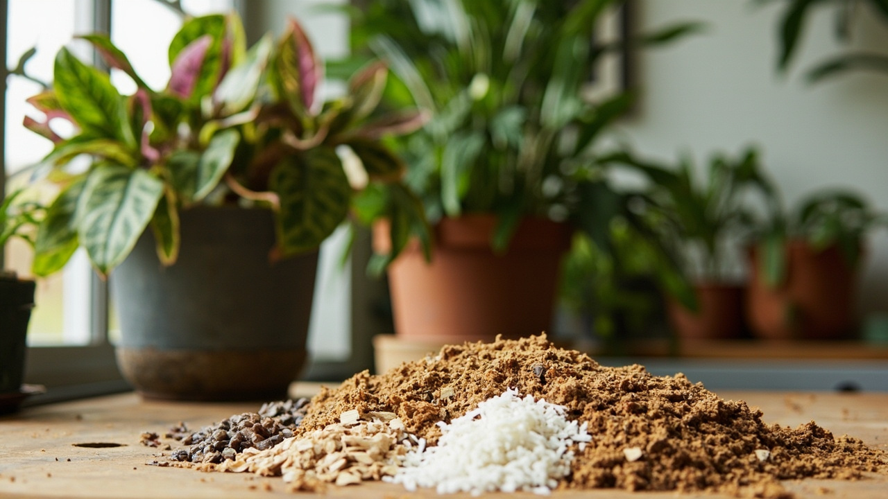 Calathea ornata with patterned leaves and a chunky potting mix of coco coir, perlite, orchid bark, and compost.