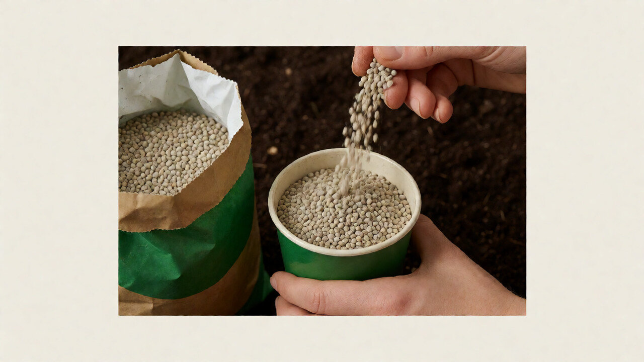 Granular NPK fertilizer being blended in a wheelbarrow before application
