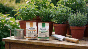 Two bags of fertilizer on a potting bench with a measuring cup and trowel