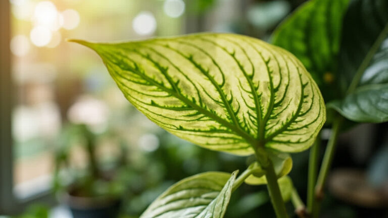 Houseplant leaf showing chlorosis with pale yellow tissue and greener veins