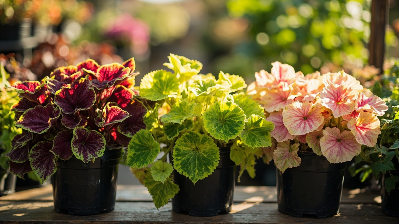 Three Coleus plants side by side on a nursery bench in different color varieties - deep burgundy, lime yellow, and pink and cream variegated