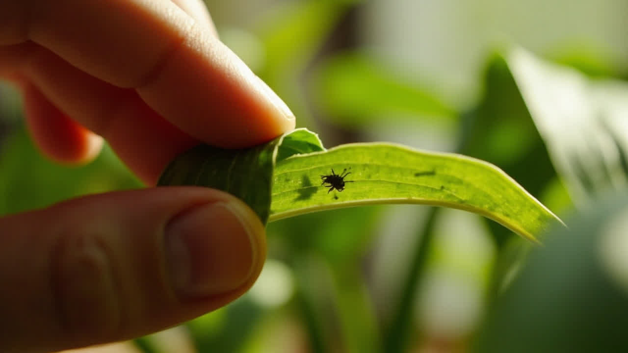 Hand inspecting houseplant leaf showing pest damage
