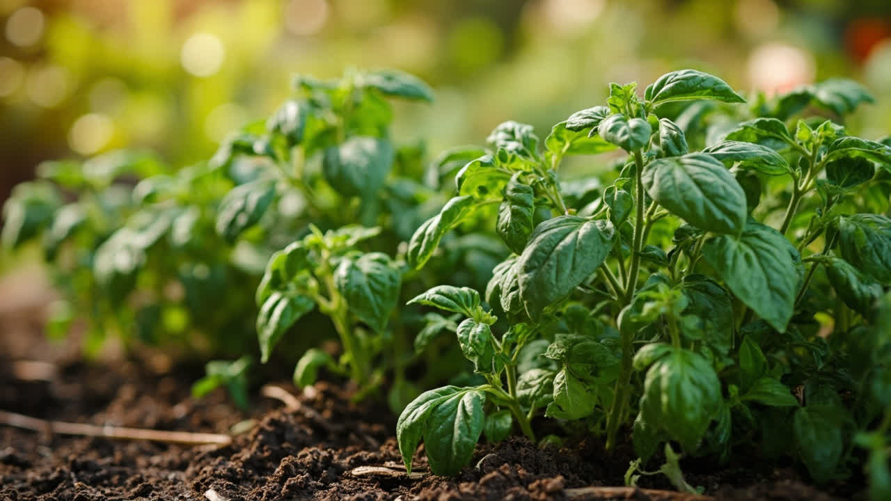 basil interplanted between tomato plants in raised bed garden