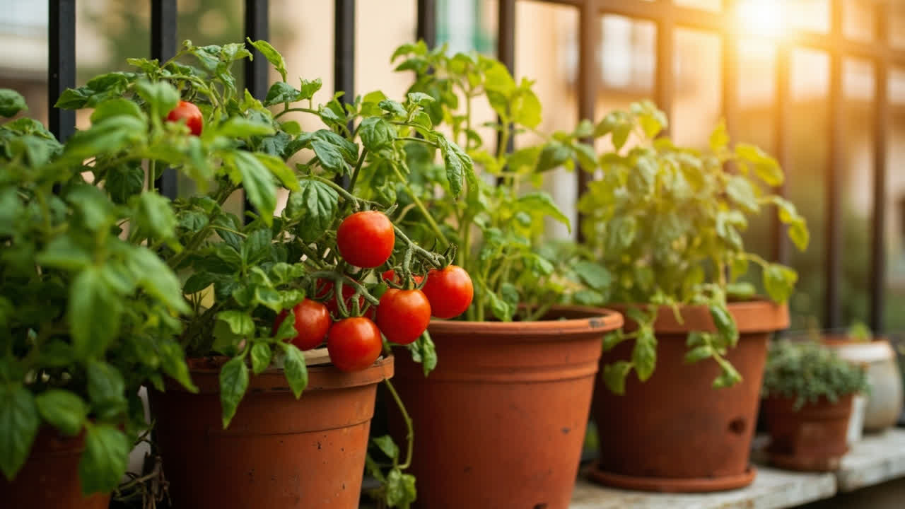 Container vegetable gardening setup with various containers on a sunny patio