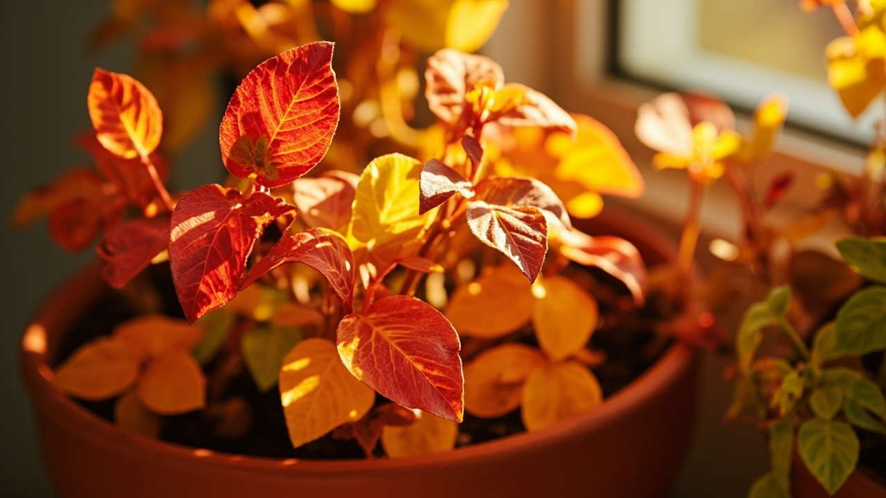 Croton Petra near an east-facing window with morning light, showing red-orange-yellow variegation