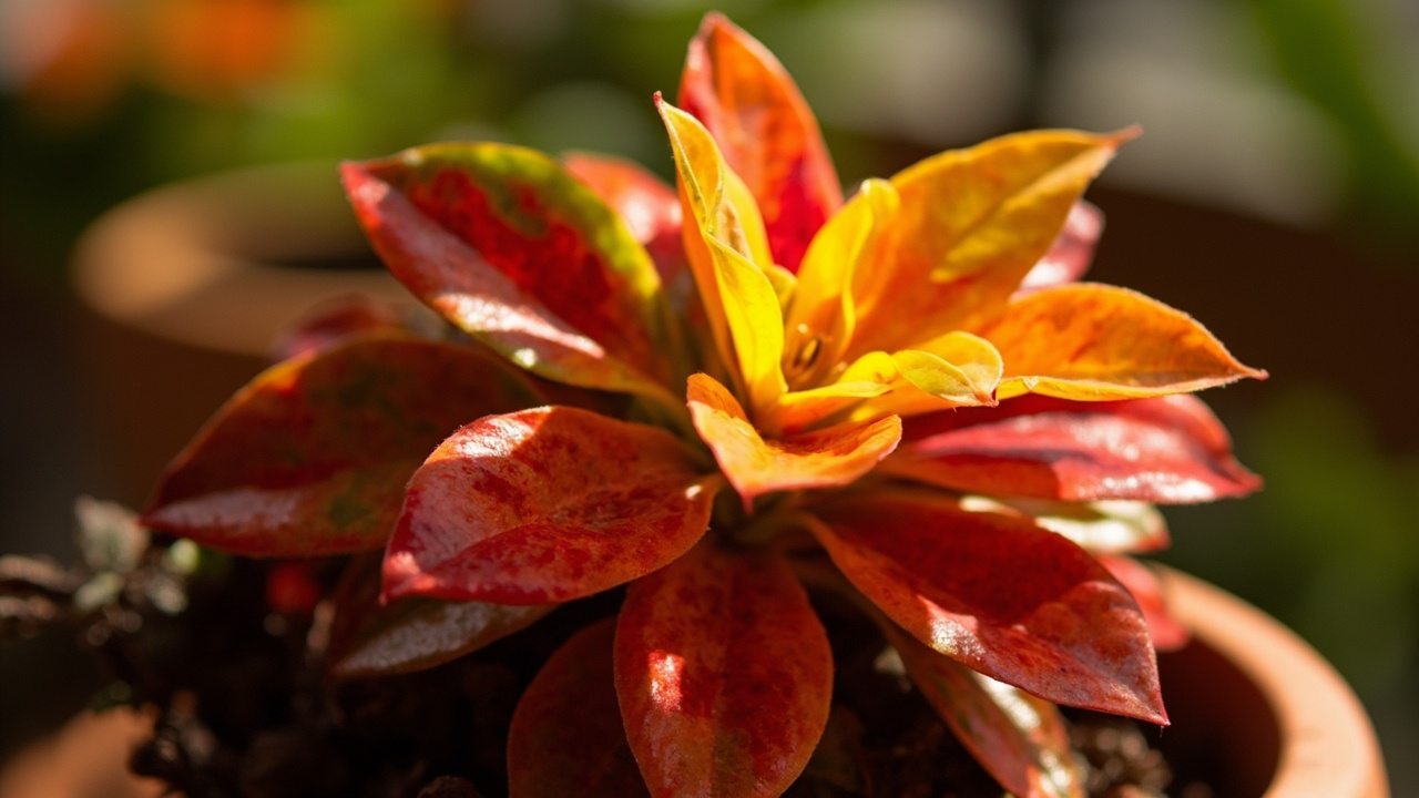 Croton plant with vibrant red-orange-yellow variegated leaves in a terracotta pot