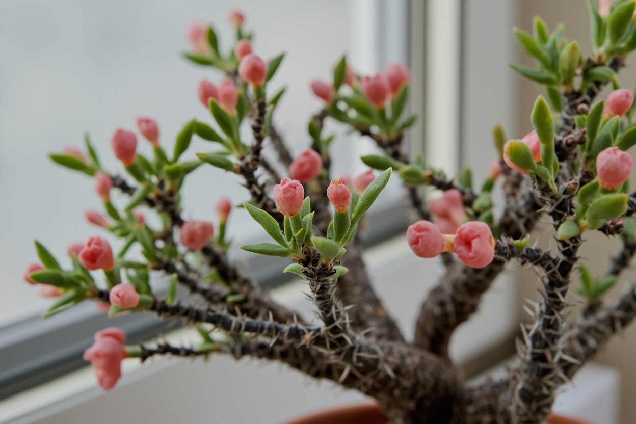 A crown of thorns plant in a terracotta pot being inspected for root rot during revival