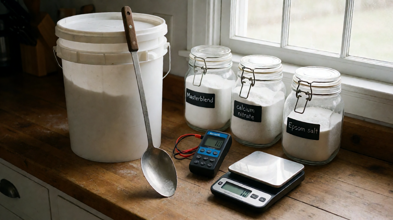 Editorial photograph of a kitchen scale, three jars of hydroponic salts (Masterblend, calcium nitrate, Epsom salt), a 5-gallon bucket with a long-handled spoon, and a Bluelab EC meter on a wooden counter, clean morning light