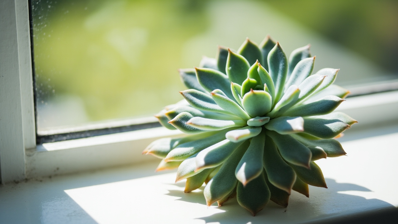 Echeveria in bright natural window light showing compact rosette