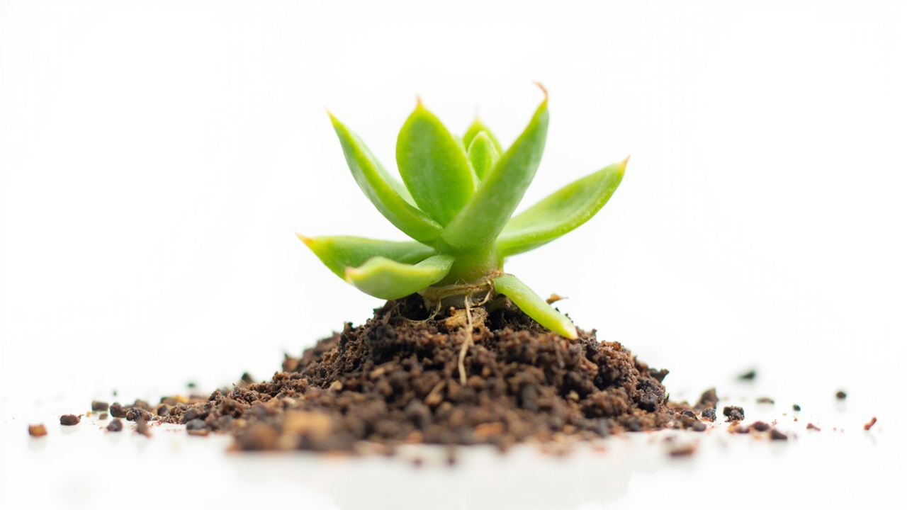 Echeveria leaf cutting propagation on dry soil showing rooted pup and fresh growth