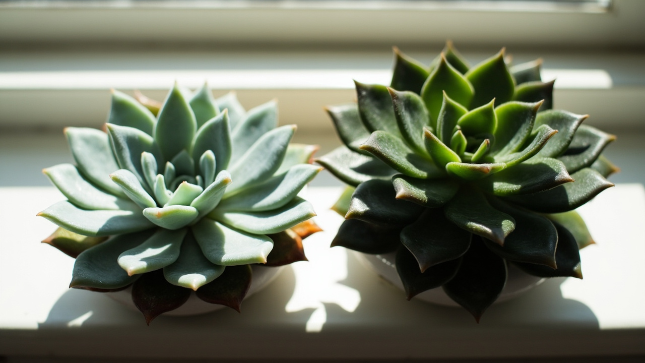 Side-by-side comparison of an Echeveria with powdery farina rosette (left) and a Haworthia with translucent leaf windows (right) in terracotta pots on a sunlit windowsill.