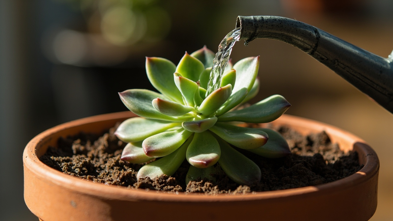 Echeveria being watered with water soaking into gritty soil
