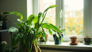 Etiolated houseplant with stretched stems and leggy growth leaning toward window light