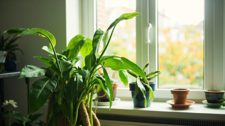 Etiolated houseplant with stretched stems and leggy growth leaning toward window light