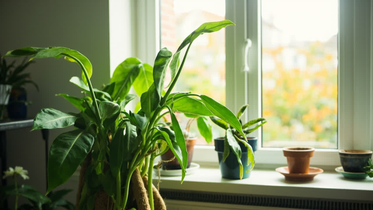 Etiolated houseplant with stretched stems and leggy growth leaning toward window light