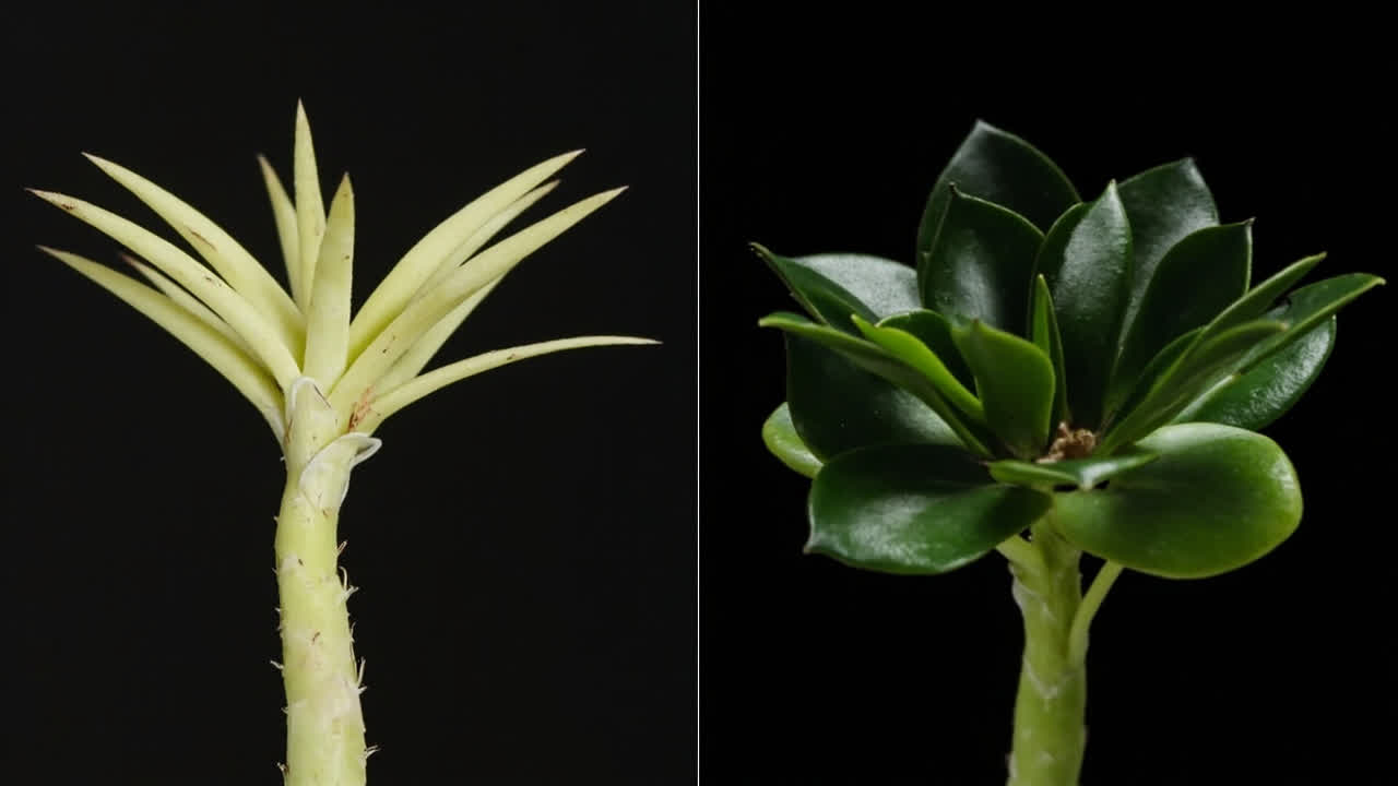 Etiolation on houseplants — stretched pale growth from insufficient light versus healthy compact growth
