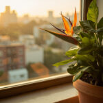 Bird of Paradise plant in terracotta pot on sunny apartment balcony beside indoor setting