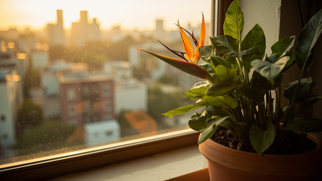 Bird of Paradise plant in terracotta pot on sunny apartment balcony beside indoor setting