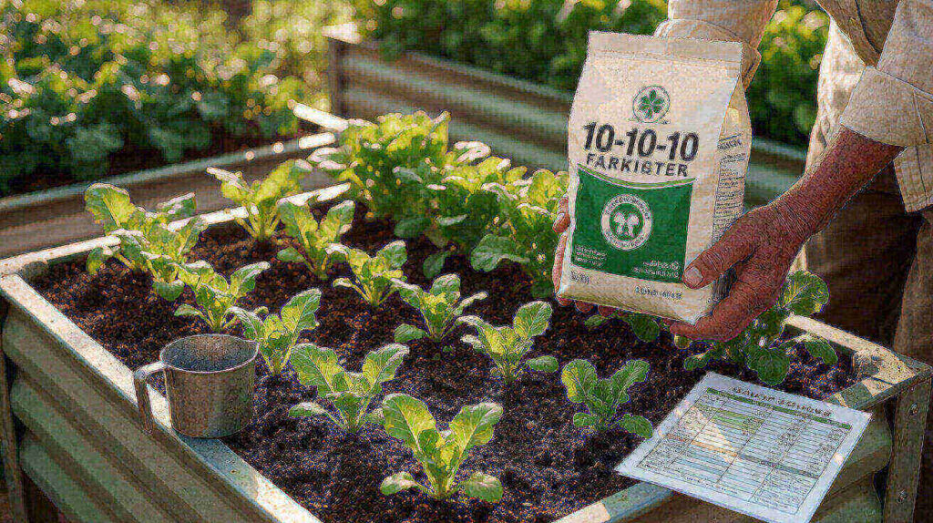 A hand and a 10-10-10 bag on a soil bed with a measuring cup