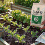 A hand and a 10-10-10 bag on a soil bed with a measuring cup