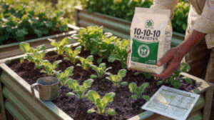 A hand and a 10-10-10 bag on a soil bed with a measuring cup
