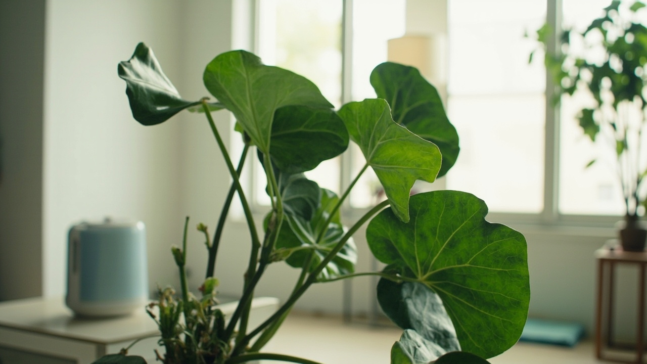 Fiddle leaf fig leaf with a hygrometer reading showing an optimal 40–60% humidity level