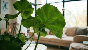 Healthy fiddle leaf fig (Ficus lyrata) with large violin-shaped leaves in a bright room