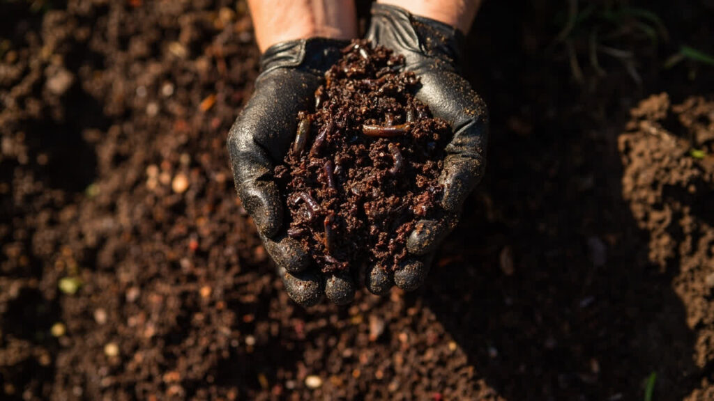 Rich dark worm castings poured onto garden soil in a raised bed, showing the crumbly texture of finished vermicompost.