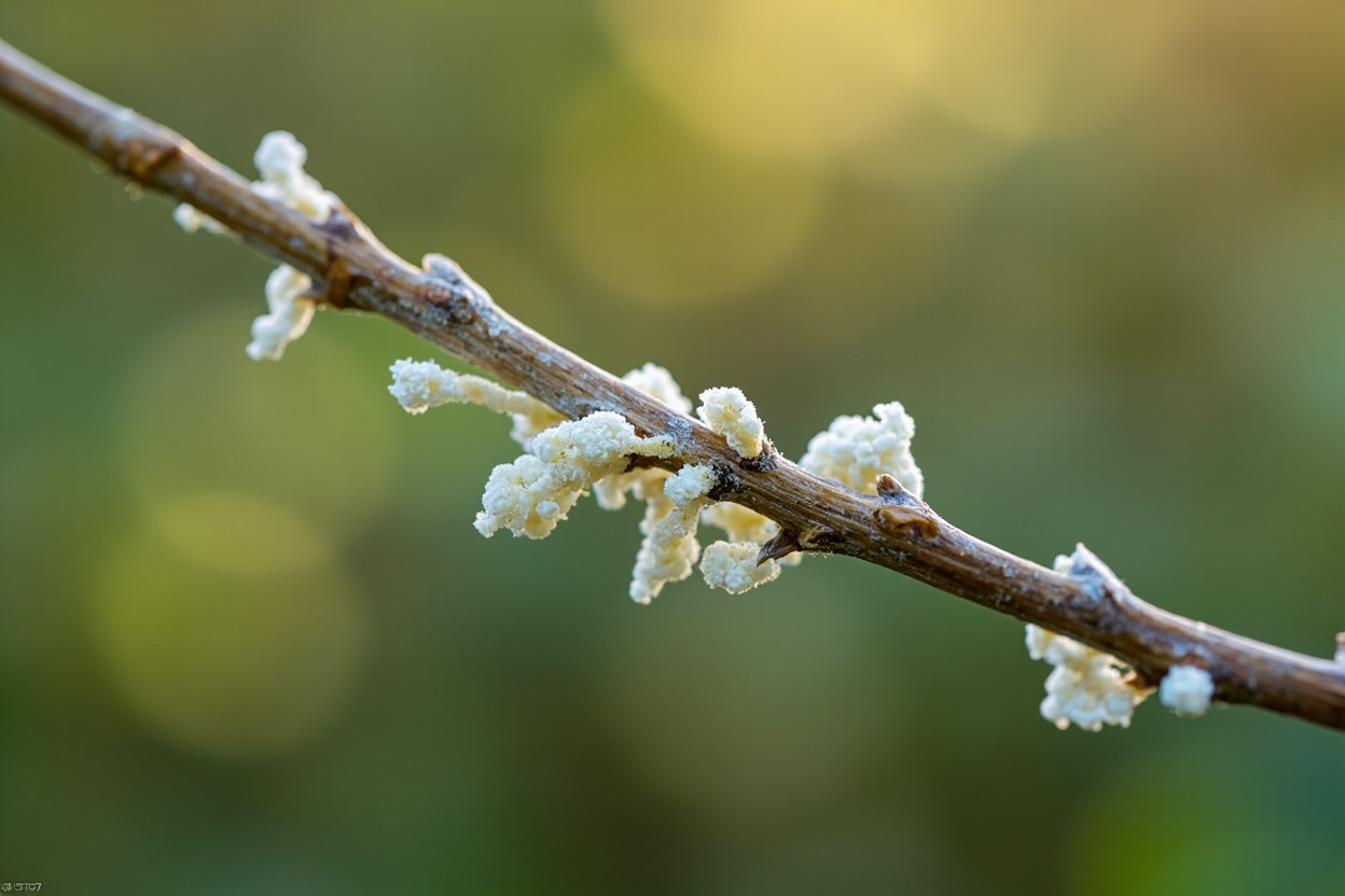 Gooseberry cane showing white mildew mycelium at nodes during dormant season, with pruning cut marked at the crown