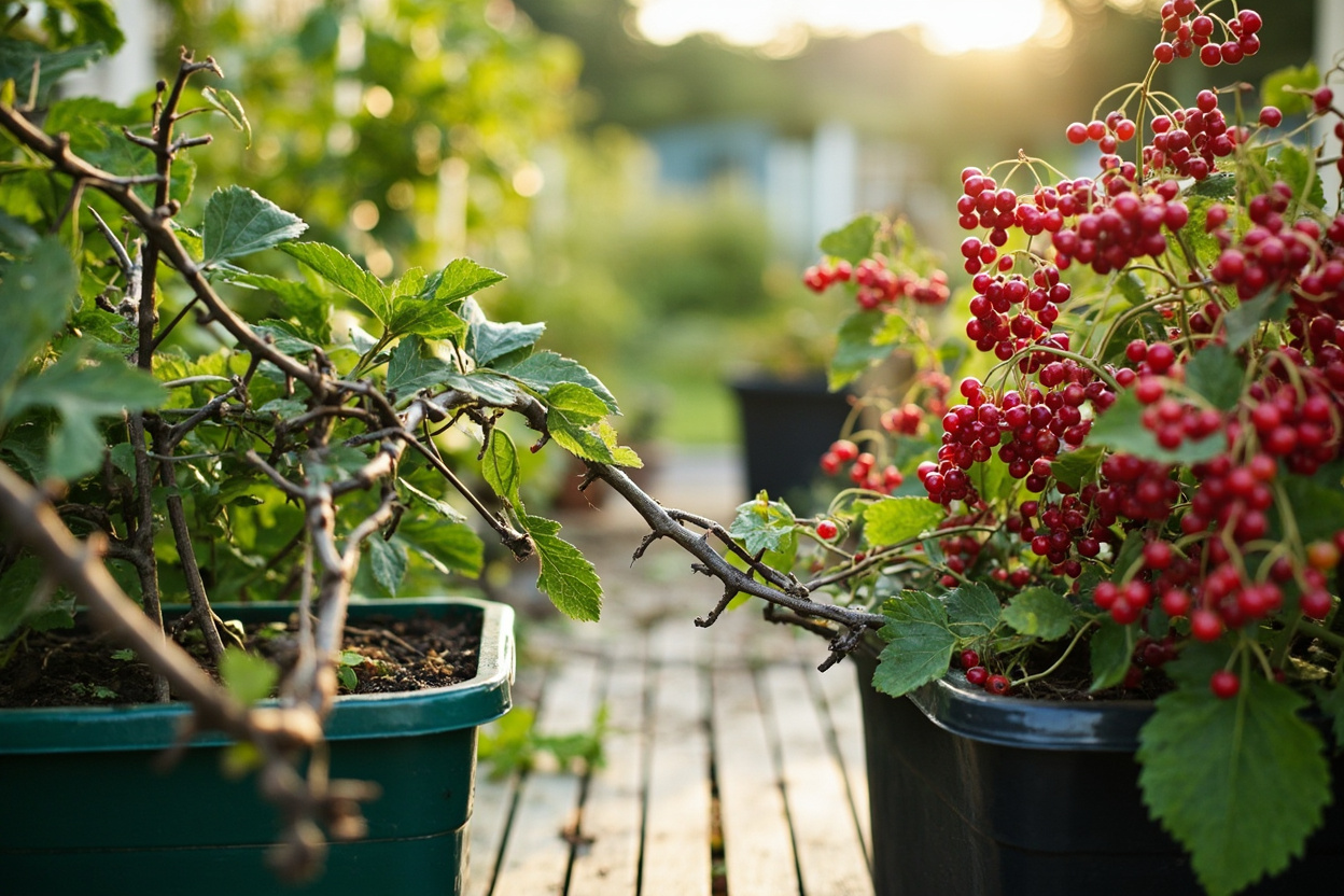 Side-by-side comparison of gooseberry bush with thorns and red currant bush with thornless stems, showing growth habit differences