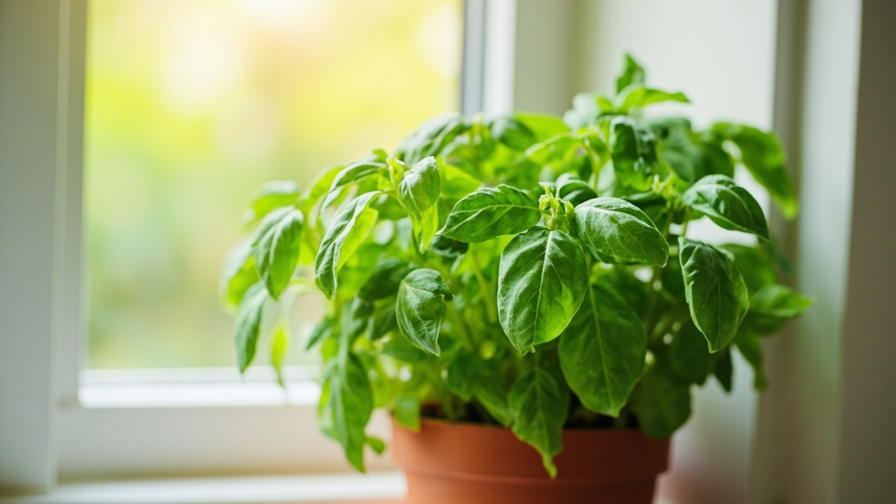Indoor basil plant growing in a small pot on a bright kitchen windowsill