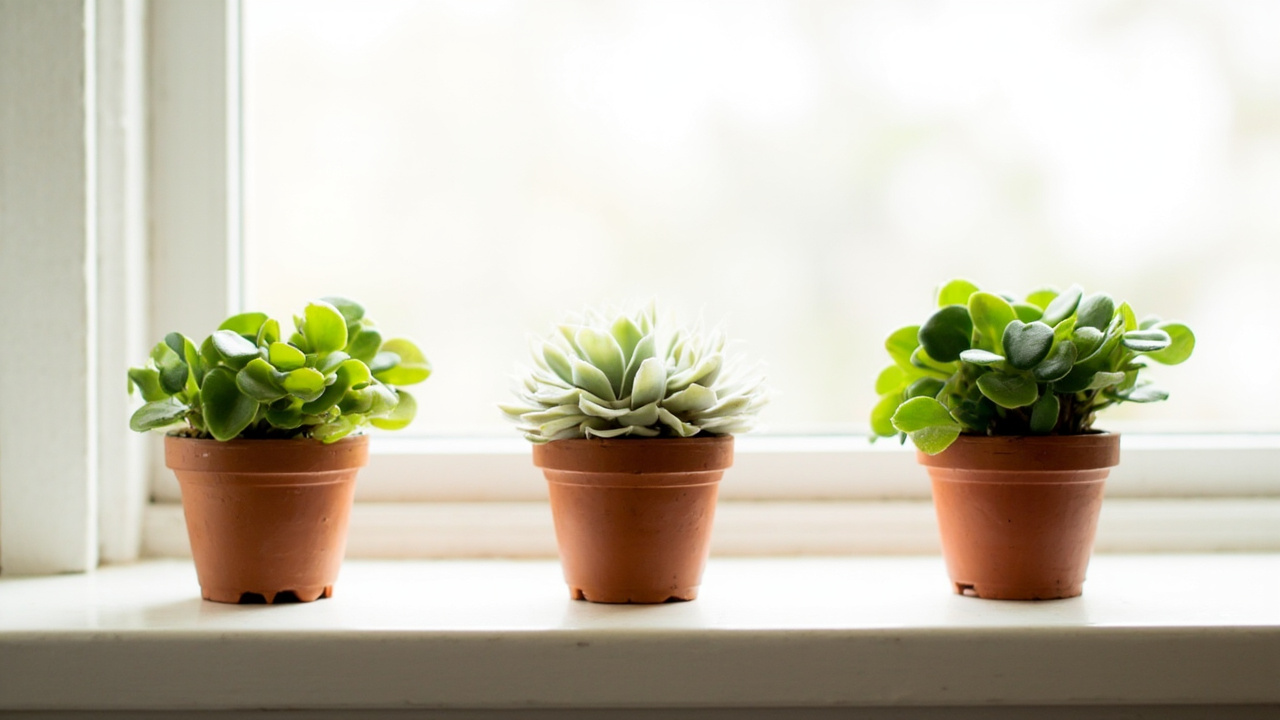 Three Haworthia rosettes on a windowsill showing different light conditions: compact sun-grown, etiolated low-light, healthy bright-indirect