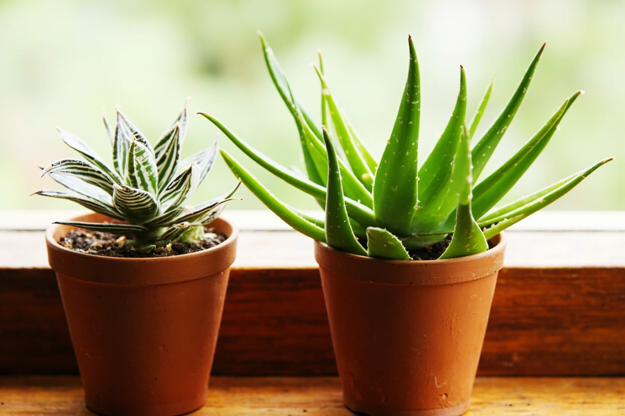 Haworthia zebra plant compared side by side with Aloe vera in terracotta pots, showing rosette differences, leaf textures, and size contrast