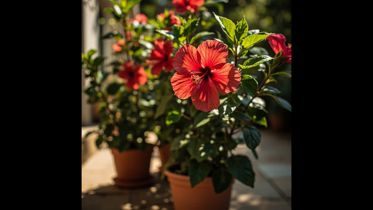 Hibiscus rosa-sinensis in terracotta pot on sunny patio blooming profusely