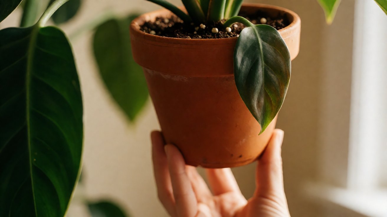 A hand lifting a terracotta pot to weigh it and check the soil