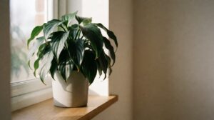 A potted houseplant with drooping leaves on a sunlit windowsill
