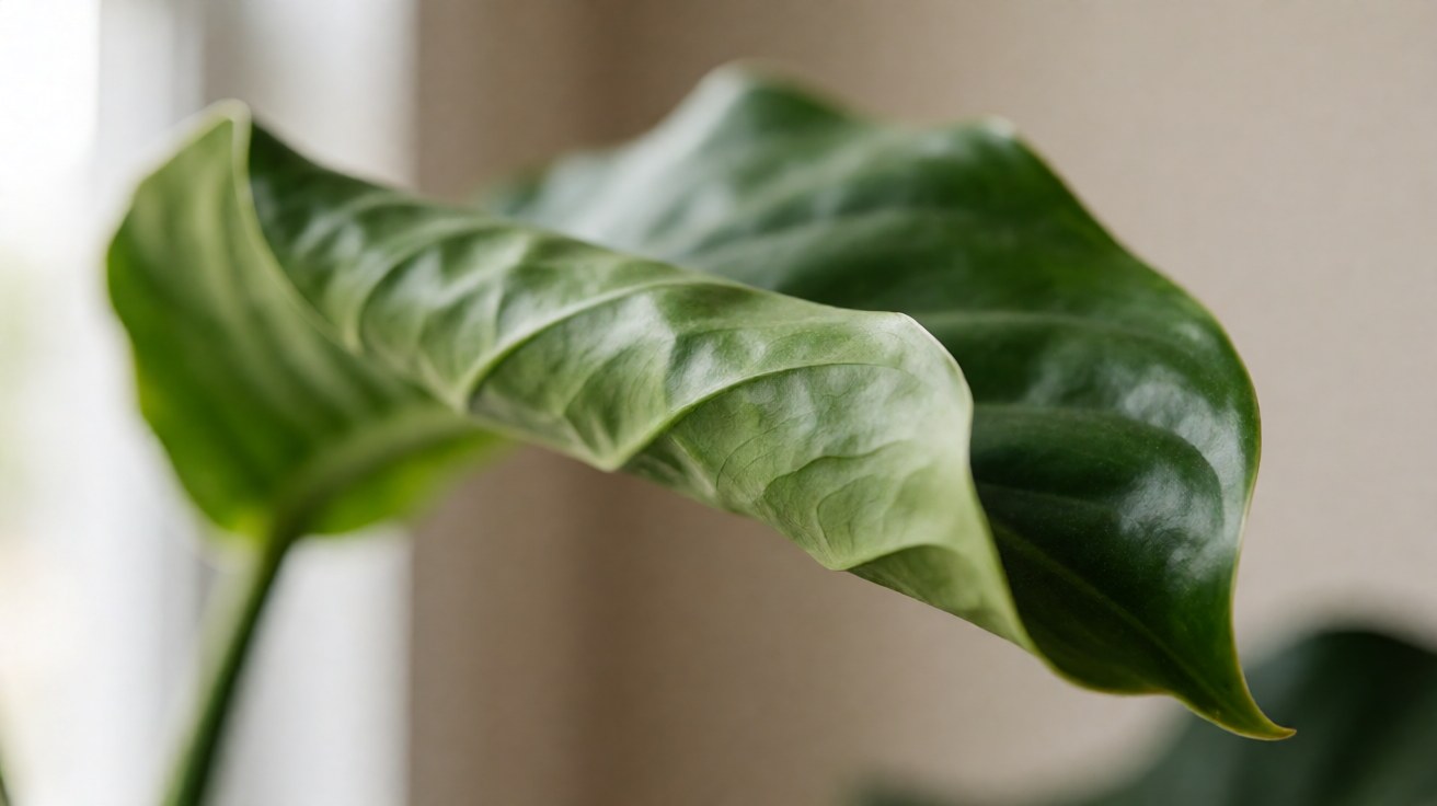 Close-up of a broad houseplant leaf curling upward and inward at its edges from water stress
