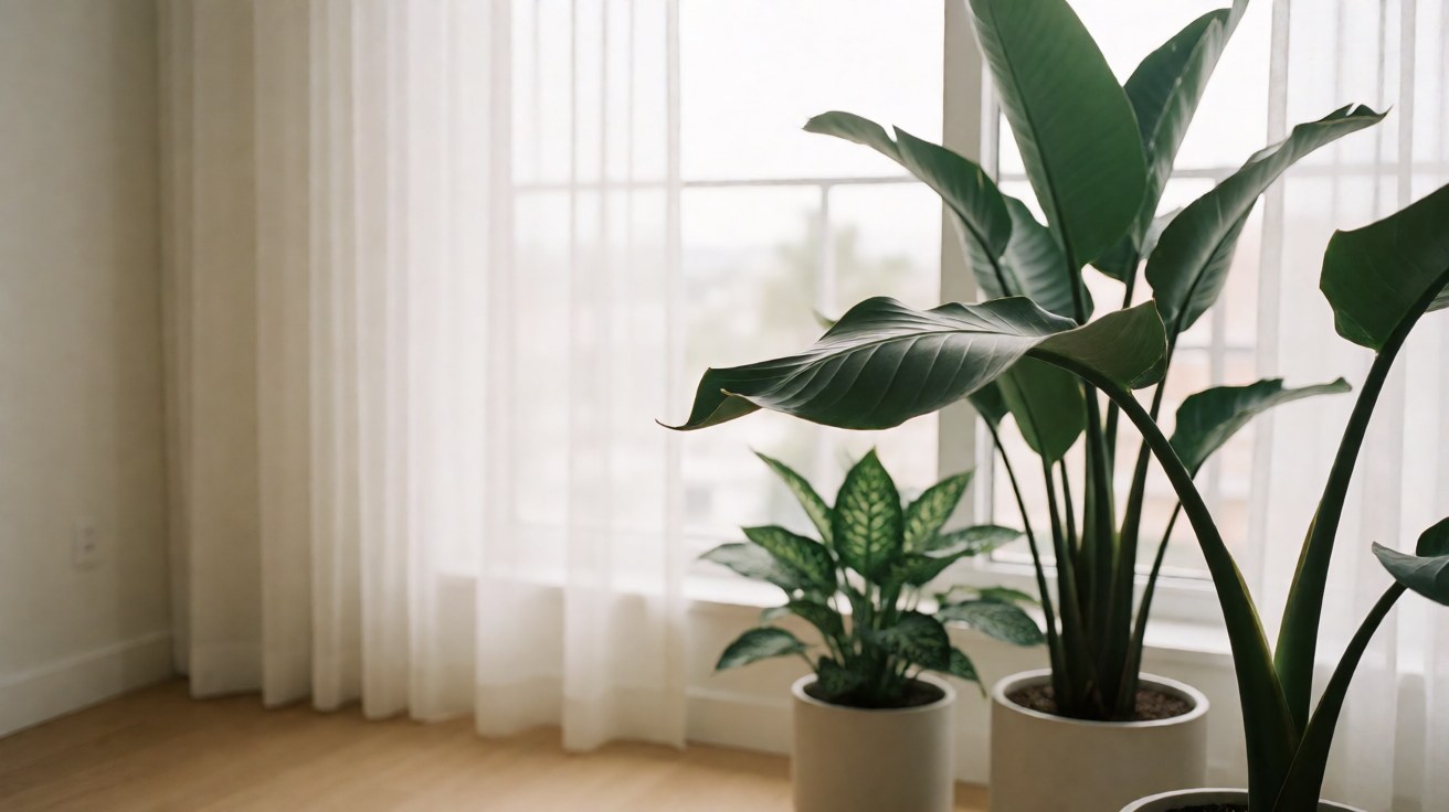 Sunlit apartment corner with houseplants beside a window, one leaf curling upward at its edge
