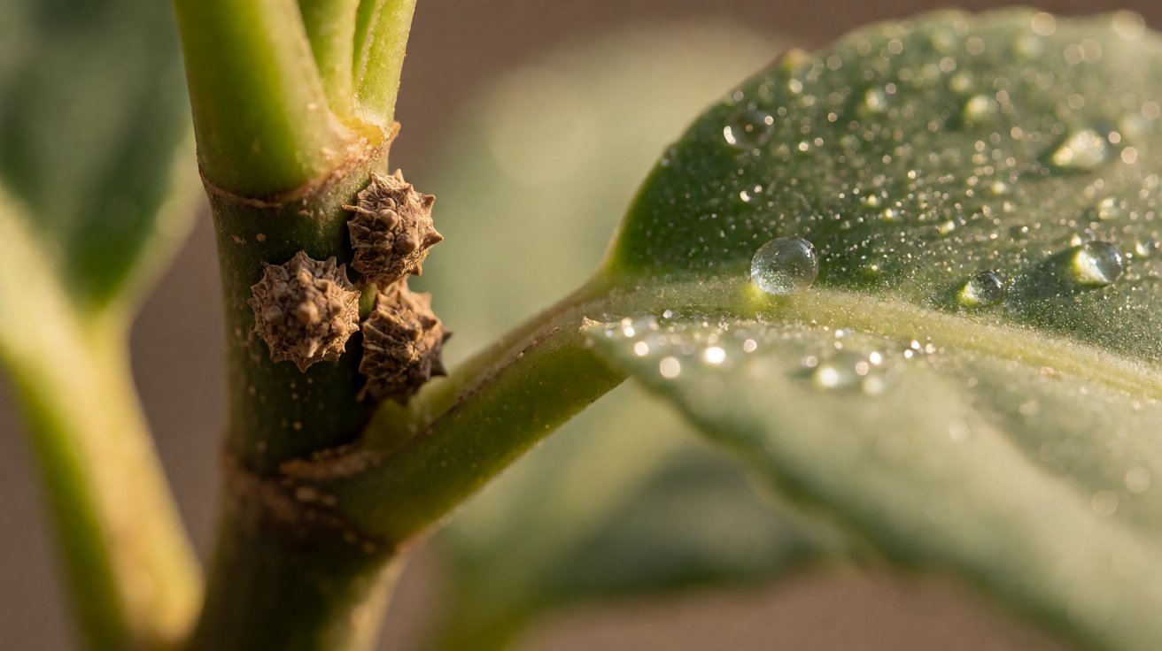soft brown scale insects on a houseplant stem with honeydew droplets on a leaf